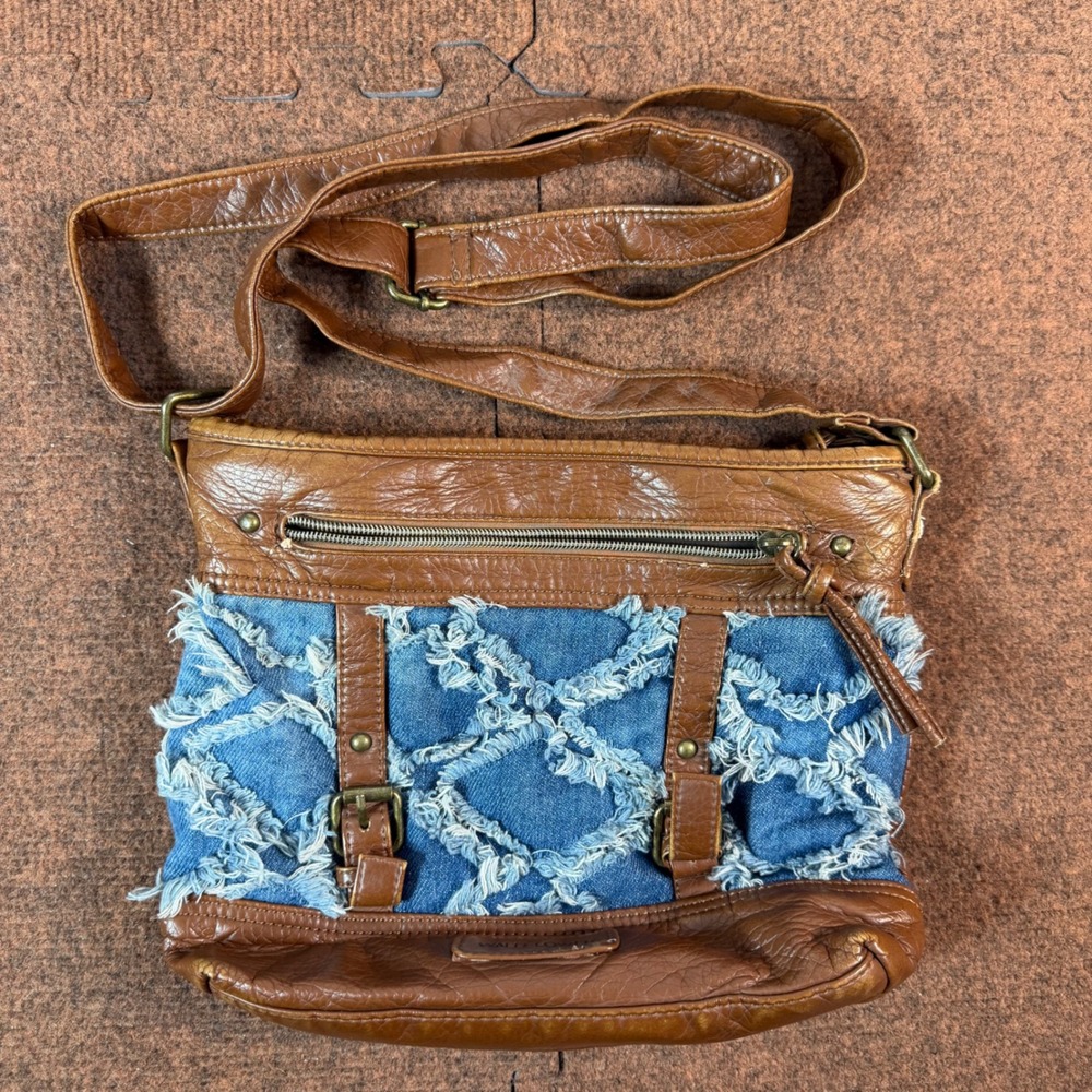 WallFlower Crossbody Bag Womens Denim Frayed Faux Leather Brown Blue Boho 3123